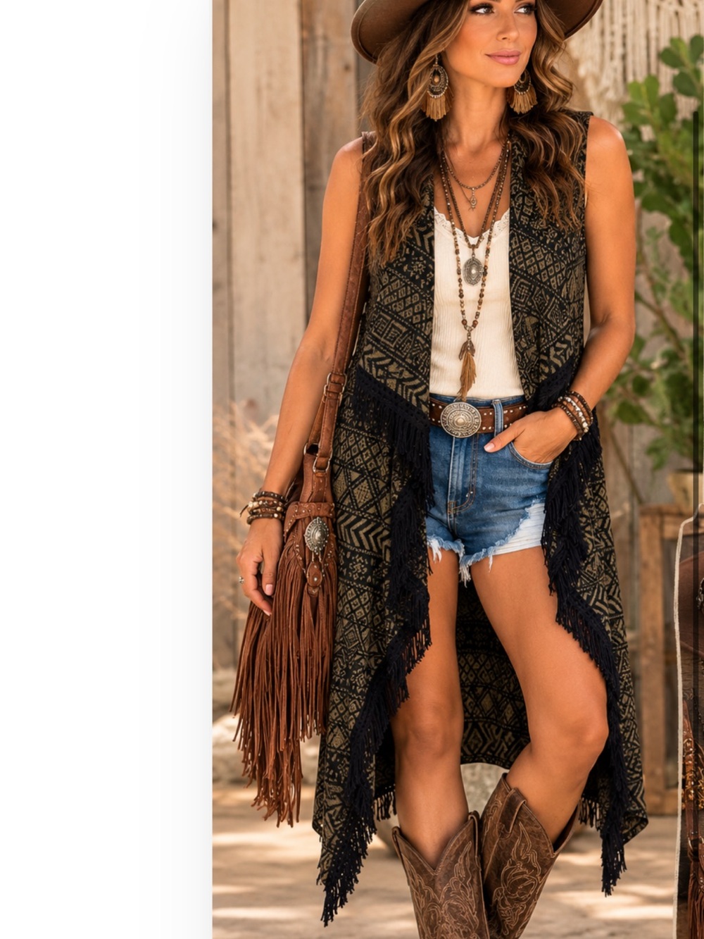 Boho Fringe Kimono Vest in Black and Olive